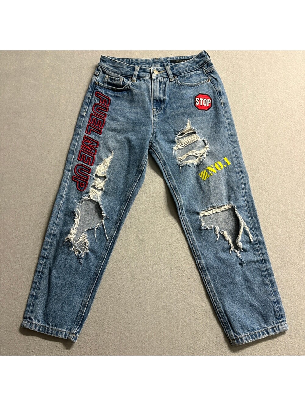 MO&Co Premium Jeans Womens 25 Blue Distressed Ripped Graphic Patch Denim